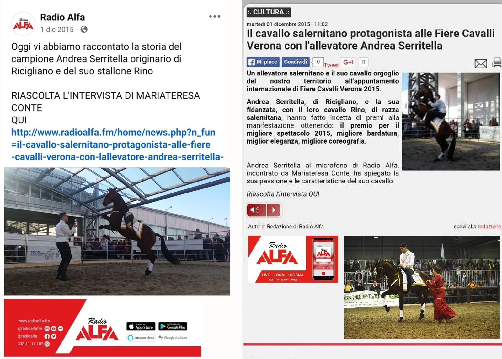 Post Facebook e articolo Radio Alfa su Andrea Serritella e Rino a Fieracavalli Verona 2015